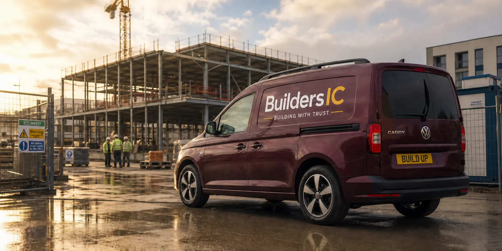 BuildersIC van at a commercial construction site at sunrise